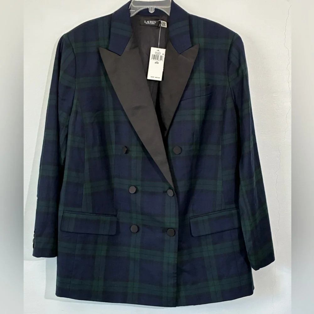 Ralph Lauren Plaid Double Breasted Satin Wool Tuxedo Blazer Green/Navy/Black 22W - Picture 6 of 14